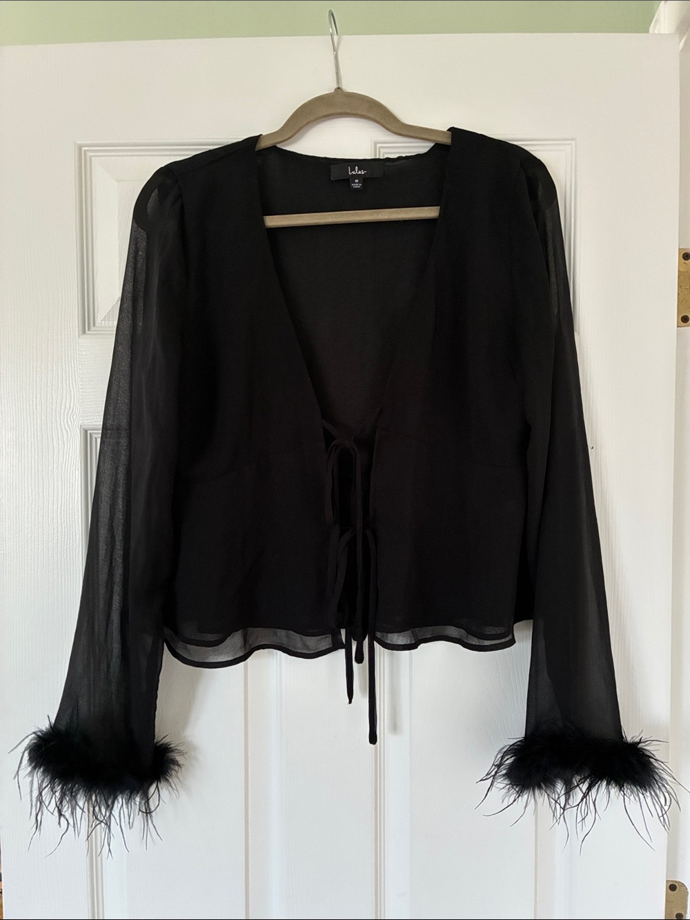 Lulu’s Flirty Occurrence Sheer Black Tie-Front Top with Feather Cuffs